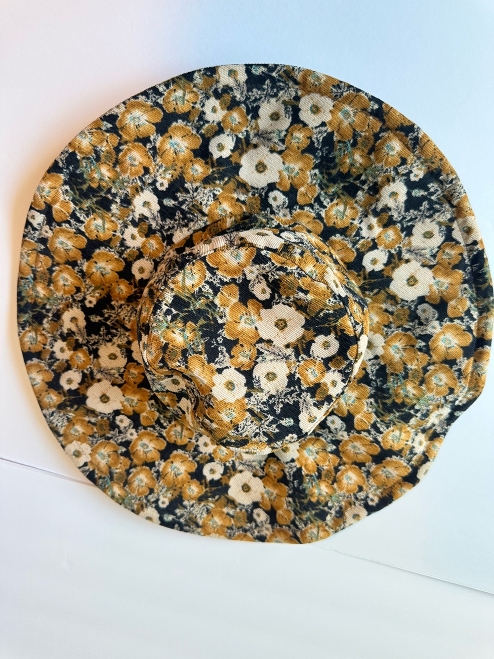 Anthropologie Floral Corduroy Bucket Hat in Mustard, Black & White